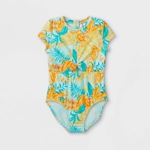 Girls' Leaf Print Short Sleeve Back-Zip One Piece Rash Guard - art class™ Aqua